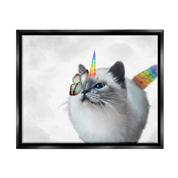 Rainbow Unicorn Kitten Butterfly Animals & Insects Graphic Art Jet Black Framed Art Print Wall Art