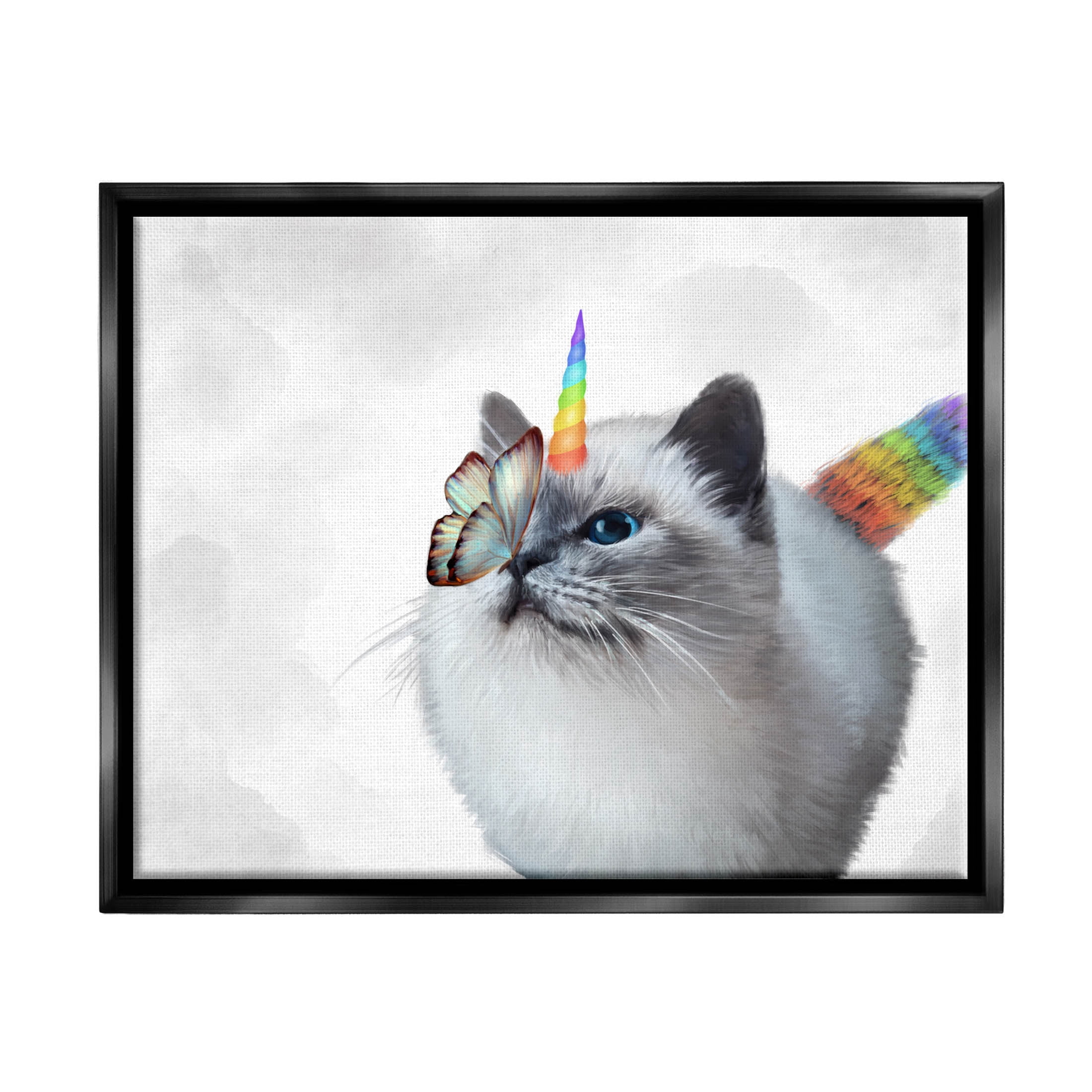 Rainbow Unicorn Kitten Butterfly Animals & Insects Graphic Art Jet Black Framed Art Print Wall Art