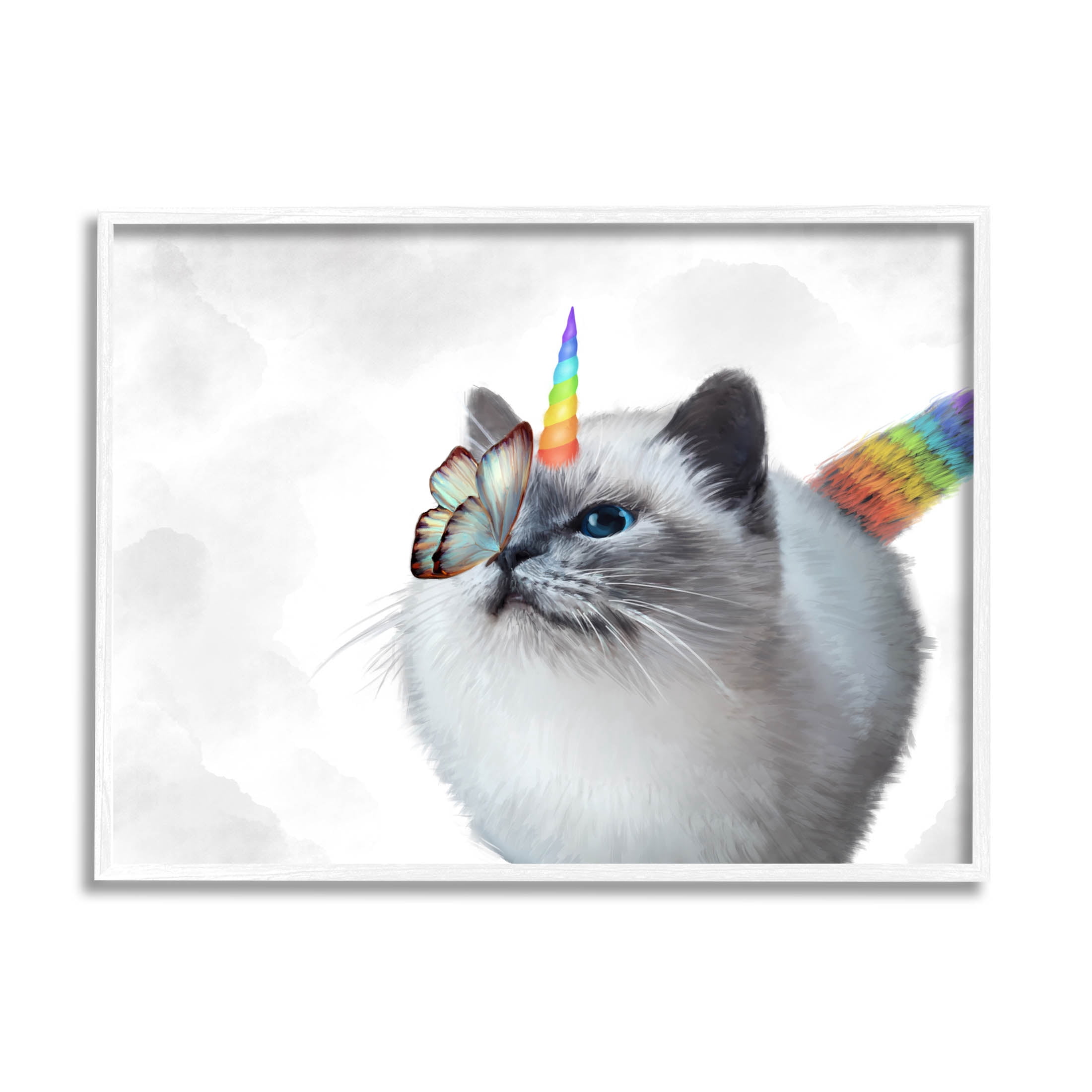 Rainbow Unicorn Kitten Butterfly Animals & Insects Graphic Art White Framed Art Print Wall Art