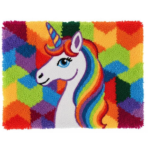 Rainbow Unicorn Latch Hook Kit, Colorful Geometric Background DIY Rug Making Craft Set for Kids Girls Bedroom Decor