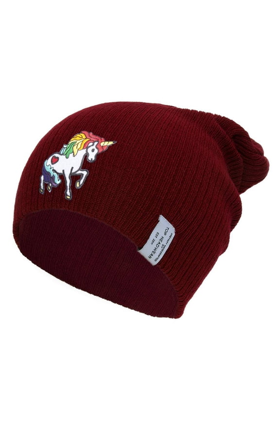 Rainbow Unicorn Long Rib Beanie - Burgundy