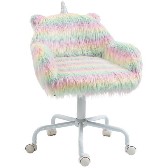 Rainbow Unicorn Office Chair with Mid-Back Support, Faux -Fluffy Desk Chair for Girls, Adjustable Height Swivel Chair with Armrests, 5 Star Base