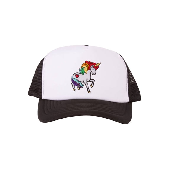 Rainbow Unicorn Patch Trucker Foam Panel Hat - Black/White