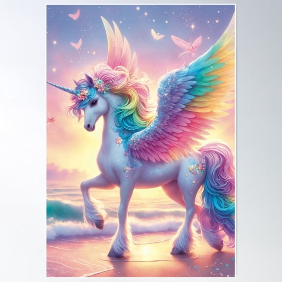 Rainbow Unicorn Pegasus On The Beach Fantasy Wall Art Poster UNFRAMED PAPER POSTER