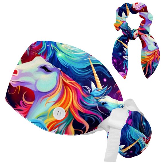 Rainbow Unicorn Scrub Caps with Buttons Women Working Cap Adjustable Sweatband Bouffant Hats