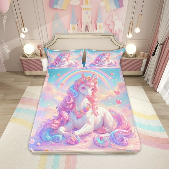 Rainbow Unicorn Sheet Set Twin Size Unicorn Bed Sheets Set for Girls Kids Princess Prince Themed Fitted Sheet Rainbow Unicorn Print Flat Sheet Rustic Floral Romantic Style Bedding Set
