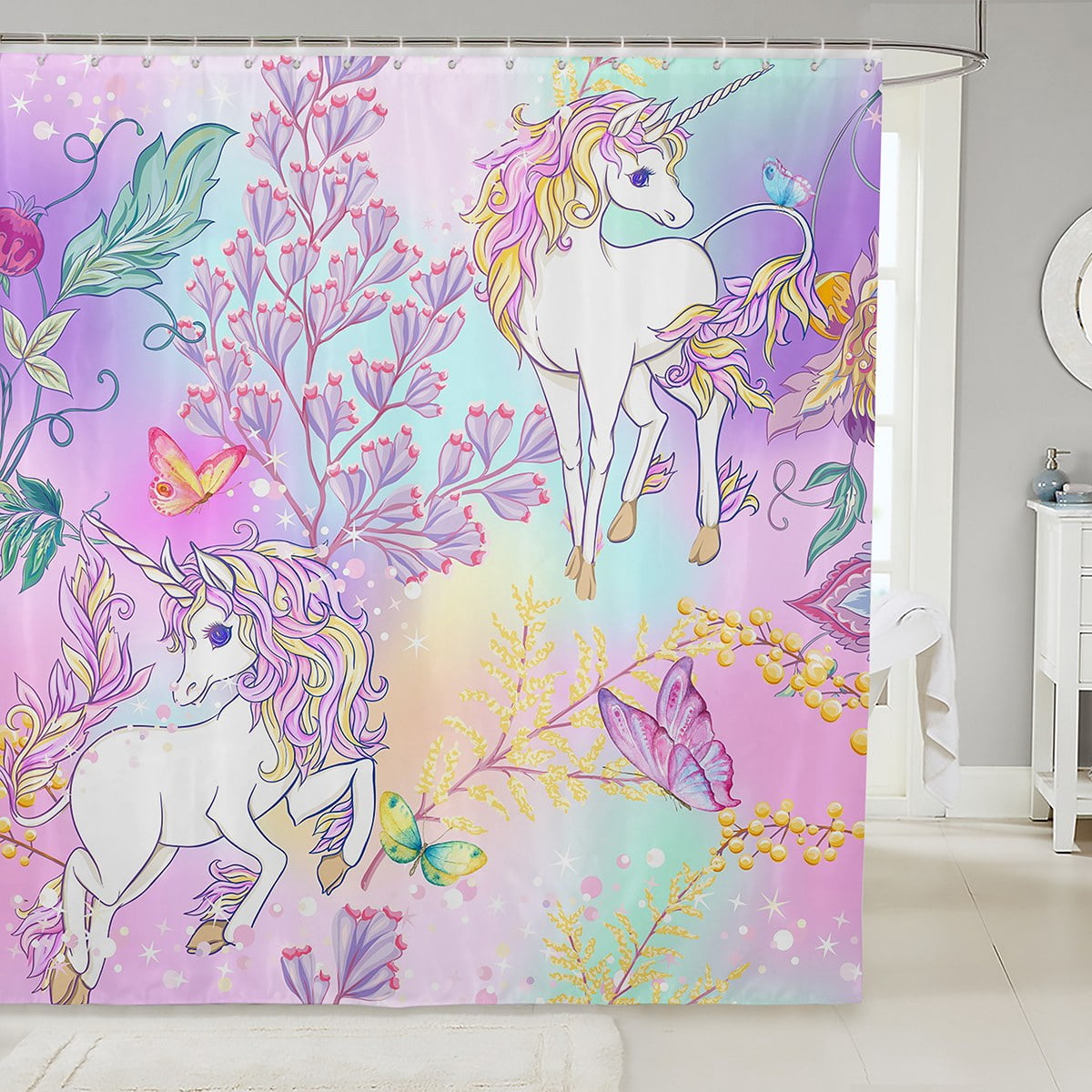 Rainbow Unicorn Shower Curtain, Ombre Purple Unicorn Bathroom Shower ...