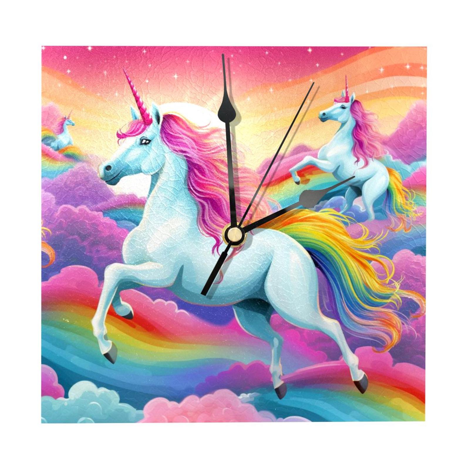 Rainbow Unicorn Square Wood Wall Clock 7.87 in Premium Handcrafted
