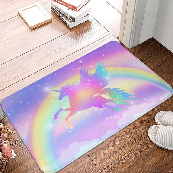 Rainbow Unicorn Stars Mat Durable and Soft Front Door Mat, Welcome Mat, Indoor and Outdoor Rubber Floor Mat 16 X 24 in