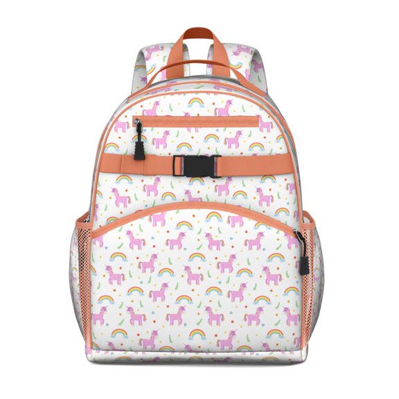 Rainbow Unicorn Students Backpack Cartoon Fantasy Animal Design with Cute Moon, Stars, and Watercolor Art for Toddlers