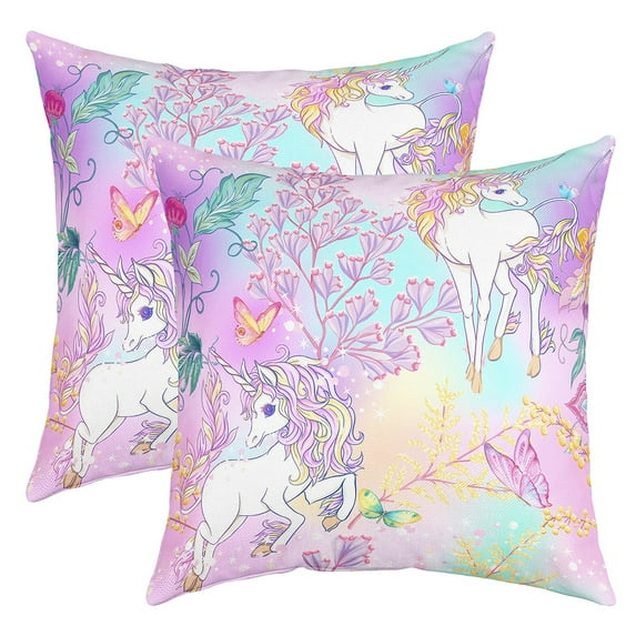 Rainbow Unicorn Throw Pillow Covers, Ombre Purple Unicorn Pillow Covers, Unicorn Bedroom Decor , Cartoon Kawaii Cushion Cases, Butterfly Plants Decorative Pillow Covers 22x22 Inch Set of 2