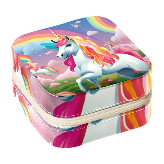 Rainbow Unicorn Travel-Portable Square Jewelry Organizer Storage Box - Rings, Earrings, Necklaces, and Bracelets Holder for Girls and Women