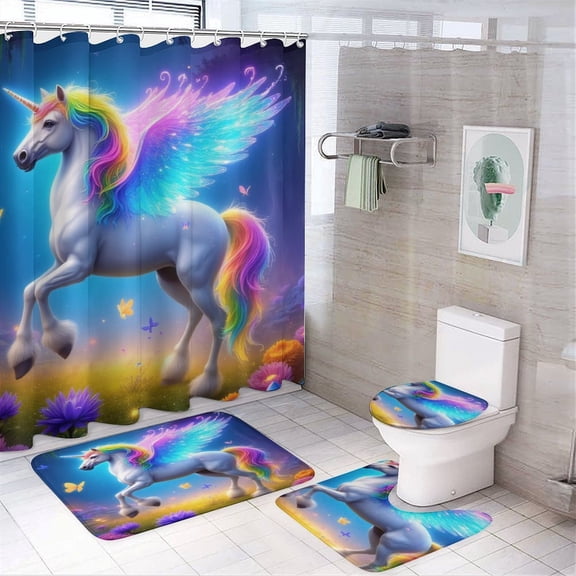 Rainbow Unicorn in Fantasy Forest Shower Curtain Bathroom Sets Toilet Lid Rug, Bath Mat And Contour Mat, Shower Curtain 4Pcs