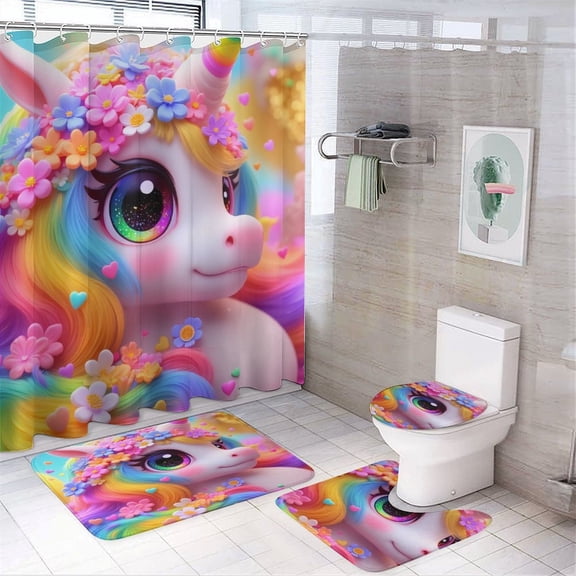 Rainbow Unicorn with Flowers Shower Curtain Bathroom Sets Toilet Lid Rug, Bath Mat And Contour Mat, Shower Curtain 4Pcs