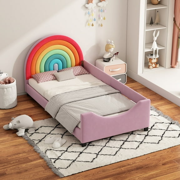 Rainbow Upholstered Daybed Low to The Ground Design, Twin Size, Colorful & Pink