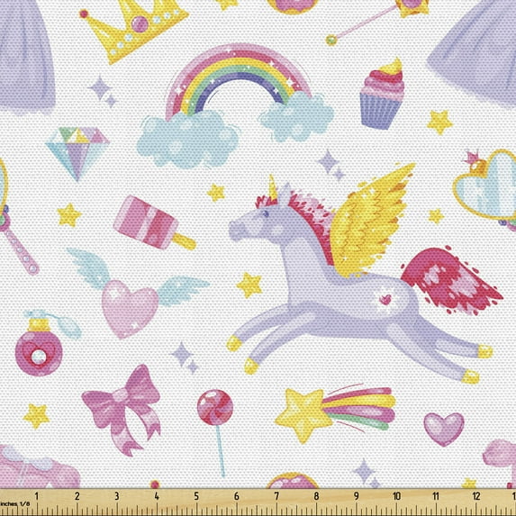 Ambesonne Rainbow Fabric by the Yard Upholstery, Unicorn Pegasus Candies, 3 Yards, Multicolor