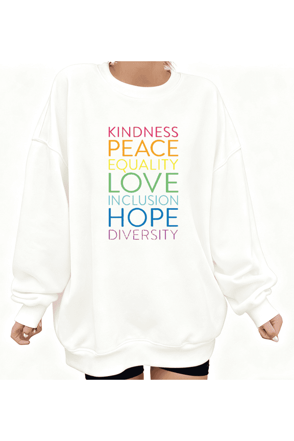 Rainbow Values Sweatshirt - Kindness Peace Equality Words Graphic Long Sleeve Crewneck Tops with Gradient Font Pattern, Inclusive Message Pullover