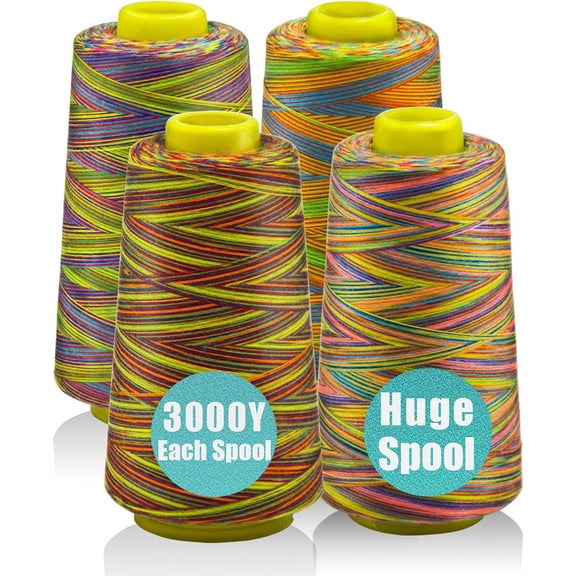 Rainbow Variegated Serger Thread, -Purpose Thread for Sewing, Polyester, 4 Cones of 3000 Yards Each Spool for Sewing Machine