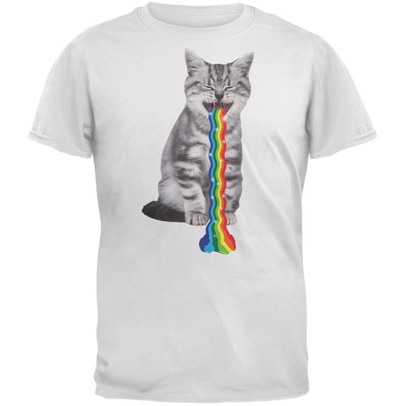 Rainbow Vomit Cat White Adult T-Shirt - Small