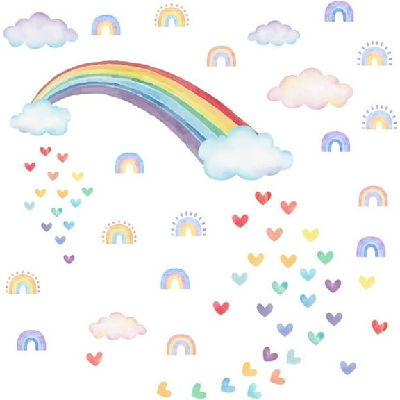 Rainbow Wall Decals Colorful Hearts Wall Sticker Clouds Wall Art Removable PVC Decal for Room Nursery Classroom Bedroom Playroom Decor