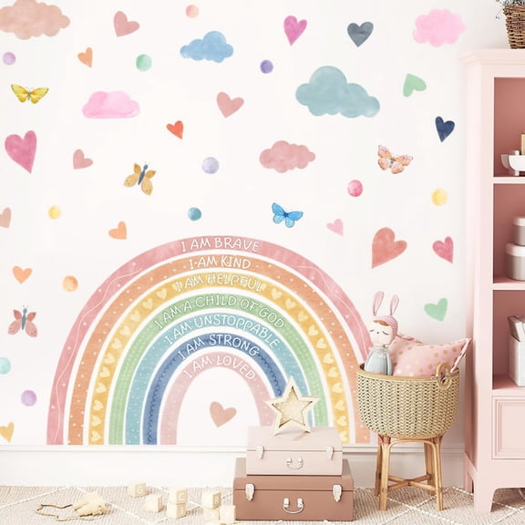 Rainbow Wall Decals with Inspirational Quotes, Butterflies, Hearts and Clouds, Pastel Watercolor Design, for Girls Bedroom and Nursery, Peel and Stick Wall