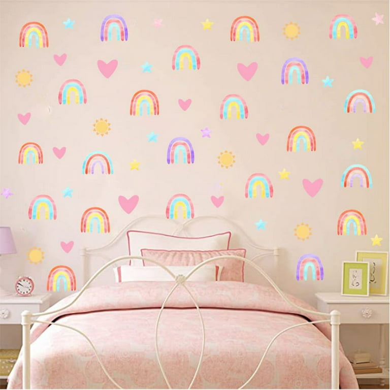 82Pcs Boho Rainbow Wall Decor Stickers Small Rainbow Wall Decal Watercolor  Rainbow Heart Sun Star Wall Stickers for Girls Boys Baby Bedroom Nursery  Wall Decor
