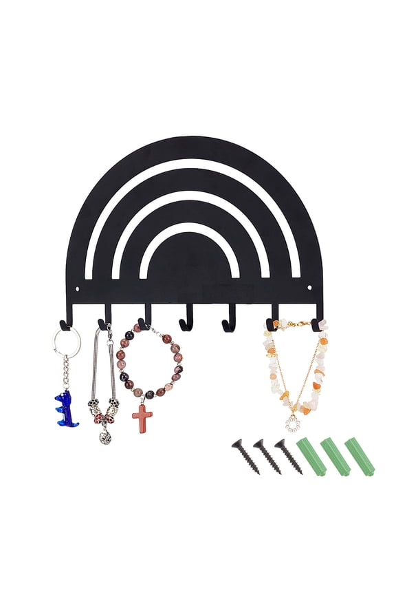 Rainbow Wall Hooks Metal 7 Hooks Wall Decor Wall Mounted Hook Hanger Black Iron Decorative Wall Hook Rail for Bracelet Necklaces
