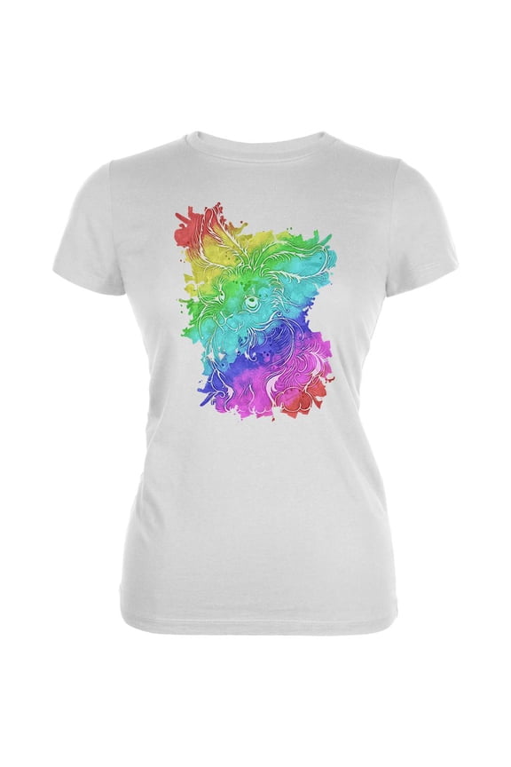 Rainbow Watercolor Easter Bunny Juniors Soft T Shirt White MD