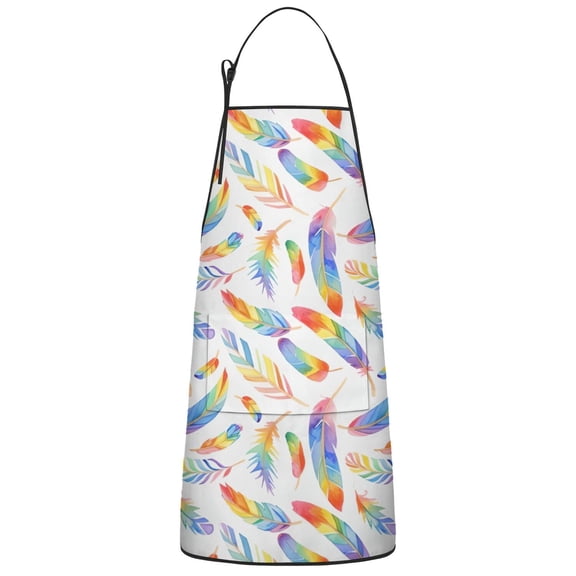 Rainbow Watercolor Feather Pattern Apron-Garden Aprons for Women with Pockets-Cotton Linen Waterproof Kitchen Cooking Gardening Aprons Adjustable for Kitchen,Cooking,BBQ and Salon 33x27 Inch