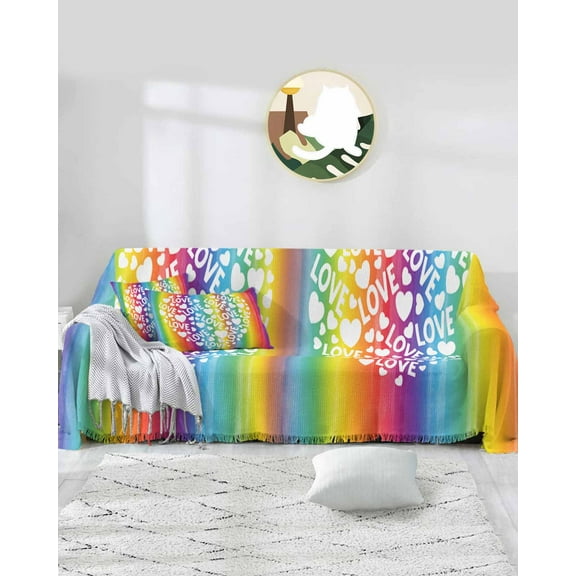 Rainbow Watercolor Sofa Covers for 3 Cushion Couch,Washable Sectional & L Shape Couch Covers for Dog/Cat/Kid,Abstract Gradient Love Non Slip Sofa Slipcover Tassel Futon Cover 71''x150''