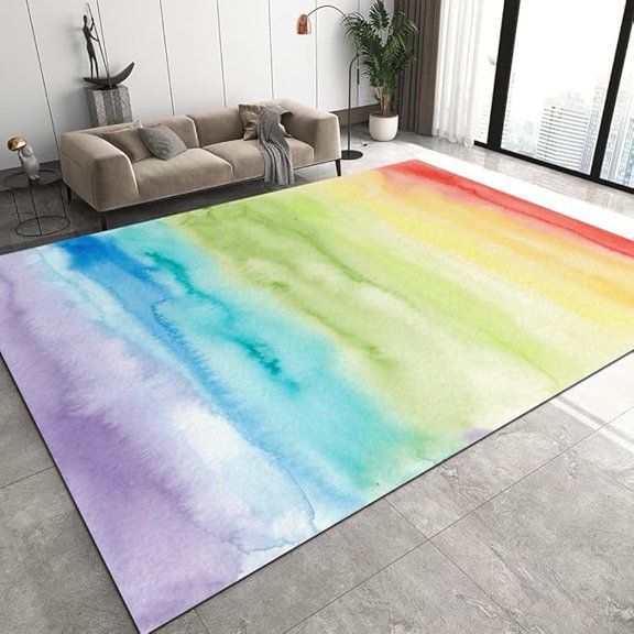 Rainbow Watercolor Texture Bedroom Area Rug, Multicolor Cartoon Fantasy Children's Room Rugs, Soft Low Pile Nursery Carpet, Easy Clean Non-Slip Kitchen Office Rugs 5 x 7ft
