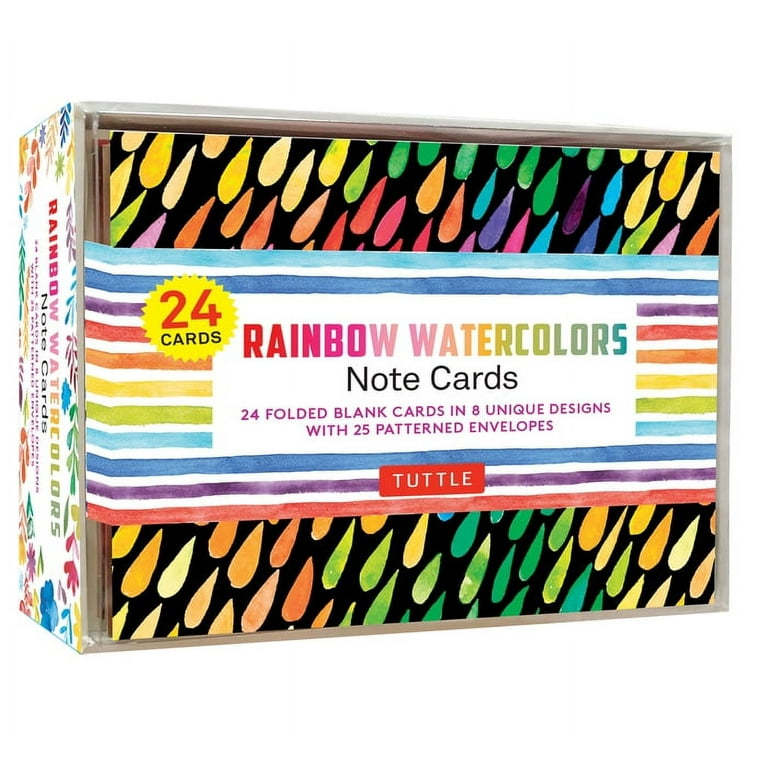 RAINBOW WATERCOLORS - 24 NOTE CARDS: 24 Blank Cards in 8 Unique Designs