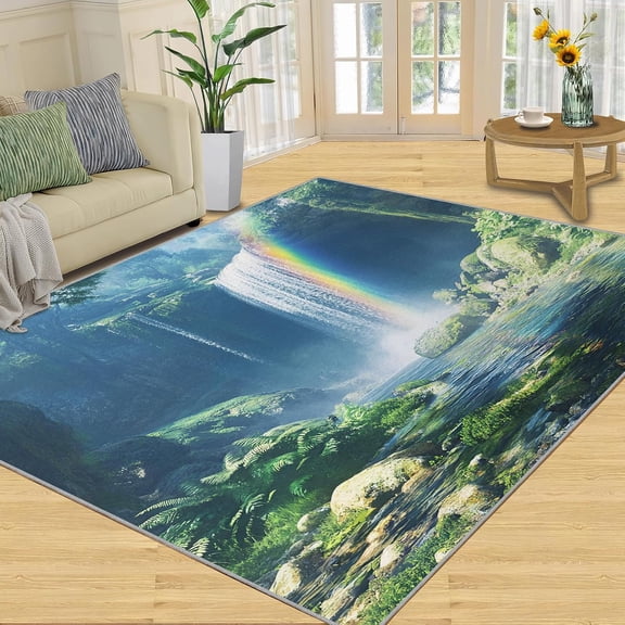 Rainbow Waterfall Area Rug, Woodland Landscape Washable Rug, Soft Non Slip Low Pile Carpet for Living Room Bedroom Home Decor 5x8ft