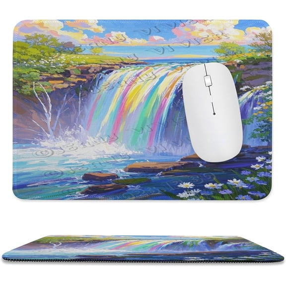 Rainbow Waterfall Landscape Painting Mouse Pad 8x10 in Size, Stitched Edges Computer Mouse Pad with Smooth Cloth Surface, Vibrant Rainbow Waterfall Landscape Artwork for Office Desk Accessories