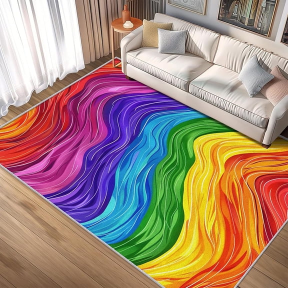 Rainbow Wave Area Rugs, Colorful Abstract Carpet, Washable Non Slip Low Pile Soft Rug for Bedroom Living Room Decor Mat 2x3ft