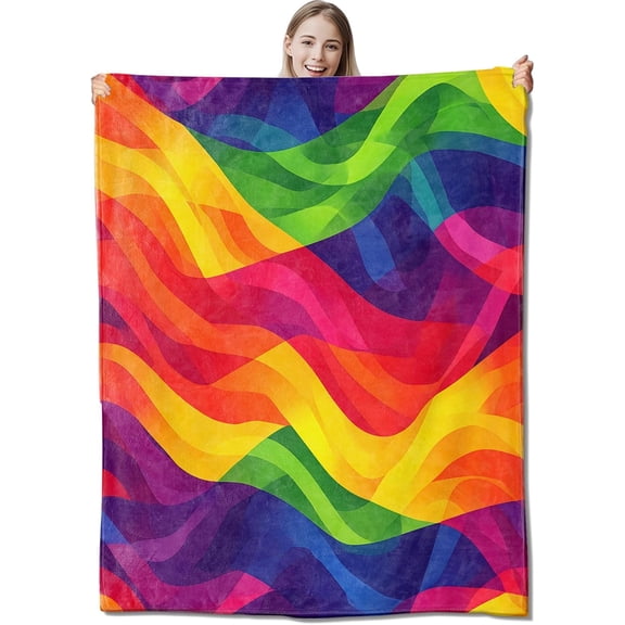 Rainbow Wave Flannel Throw Blanket 60x50 Inch, Colorful Vibrant Geometric Art Wavy Stripe Blankets Soft Cozy Flannel Throws for Adults Bed Sofa Dorm Living Room Abstract Home Decor Gifts