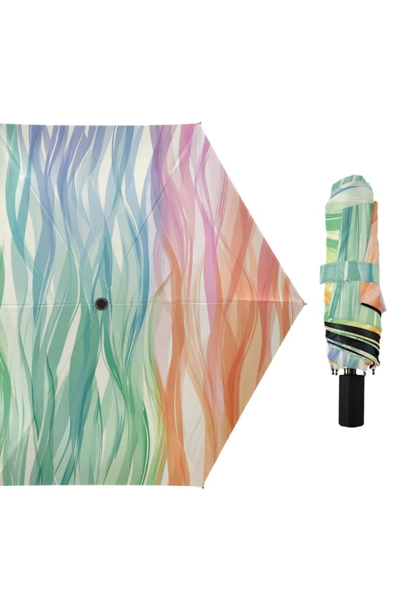 Rainbow Wave Lines All Weather Umbrella Triple Folding Parasol 6 Ribs UV Protection Portable