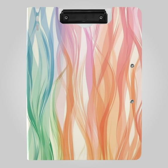 Rainbow Wave Lines Foldable Binder Folder Clipboard with Pen Slot Double Clips A4 Size File Storage