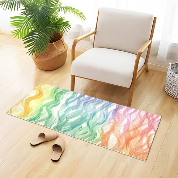 Rainbow Wave Lines Plush Carpet Non Slip Runner Rug Absorbent Bath Mat 39" x 20"