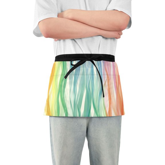 Rainbow Wave Lines Short Server Apron with 3 Pockets for Unisex Chef Gardening