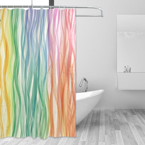 Rainbow Wave Lines Shower Curtains with 12 Hooks Waterproof Bathroom Decor 66" x 72"
