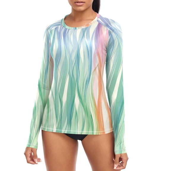 Rainbow Wave Lines Women's Rash Guard Shirts UPF 50+ Sun Protection Clothing Long Sleeve Swim Suits M