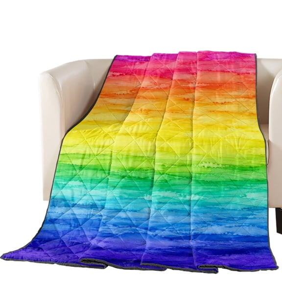 Rainbow Wave Quilted Comforters Cooling Blanket Cal King Size, Modern Art Watercolor Red Pink Green Blue Yellow Stripe Cold Comfort for Hot Sleepers Lightweight Air Conditioning Quilt Blanket for Bed