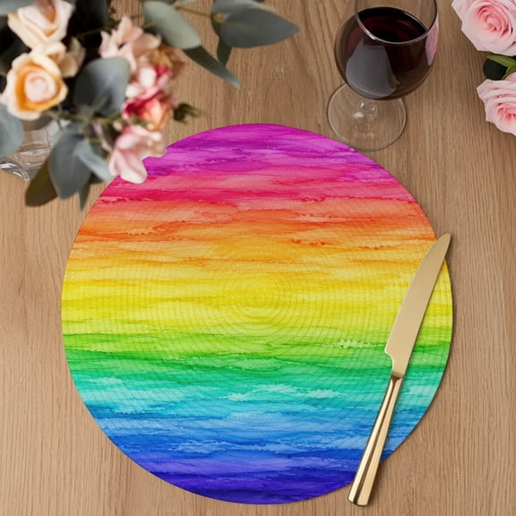 Rainbow Wave Round Braided Placemats Set of 8, Modern Art Watercolor Red Pink Green Blue Yellow Stripe Heat Insulation Place Mats Washable Non-Slip Table Mats for Kitchen Dining Party, 15 Inches