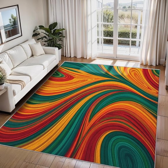 Rainbow Wave Rugs for Living Room, Retro 70s Psychedelic Swirl Colorful Abstract Home Decor Indoor Carpet for Bedroom, Washable Wave Area Rugs, Non-Slip Backing 5 x 8ft