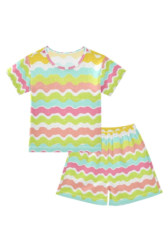 Rainbow Wave Stripes Summer Pajama Set Soft Cotton Short Sleeve Sleepwear 2PCS Pajama Sets Breathable Lounge Set Size 6Y