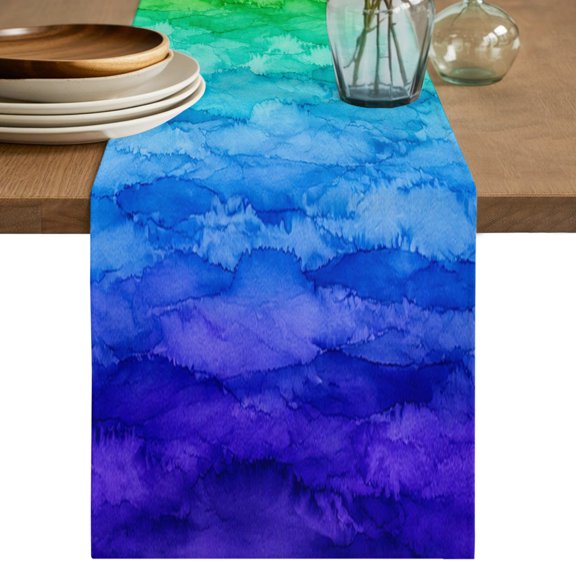 Rainbow Wave Table Runner, Modern Art Watercolor Red Pink Green Blue Yellow Stripe Cotton Linen Table Cloth, Tablerunner for Kitchen Dining Party Wedding Home Decor 13x48 Inch
