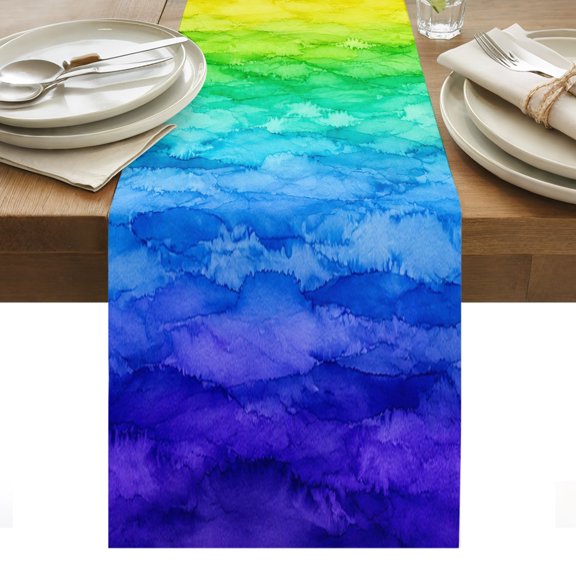 Rainbow Wave Table Runner, Modern Art Watercolor Red Pink Green Blue Yellow Stripe Washable Kitchen Table Runners for Dining Table Decorations Party/Restaurant/Indoor Outdoor Use, 13x48in