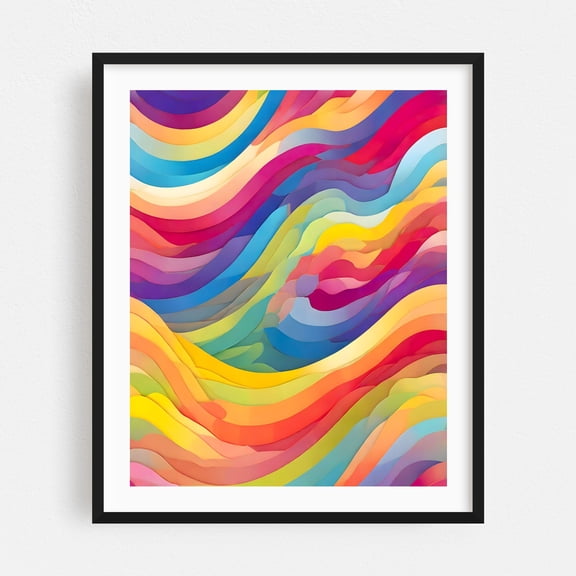 Rainbow Waves - Illustration Abstract Modern Art Psychedelic Waves Geometric Surrealism Black Framed Wall Art Print 6 x 8 inches