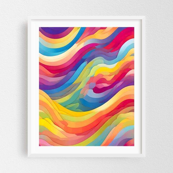 Rainbow Waves - Illustration Abstract Modern Art Psychedelic Waves Geometric Surrealism White Framed Wall Art Print 6 x 8 inches